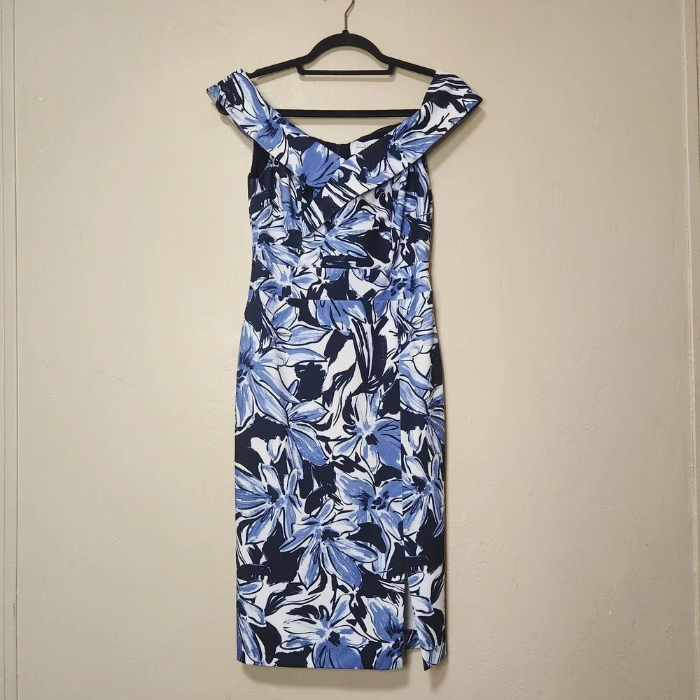 Joseph Ribkoff Off Shoulder Blue Floral Sheath Dress Size Small